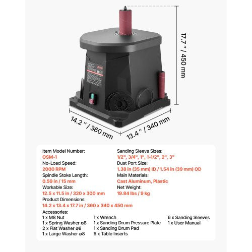 oscillerande spindelslip, 2000 varv/min bänkspindelslip med 6 hylsor (12,7–76,2 mm), 15 mm slaglängd och dammanslutningsport för möbelfinish, hantverksslipning, gör-det-själv-träbearbetning | EU