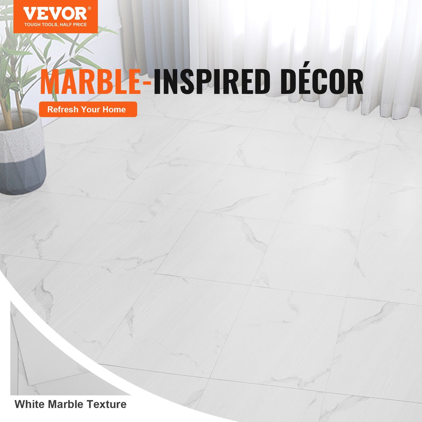 Self-Adhesive Vinyl Floor Tiles 12 x 12 Inch, 50 Tiles 1.5mm Thick Peel & Stick, White Marble Texture DIY Flooring for Kitchen, Dining Room, Bedroom and Bathroom, Easy for Home Decor