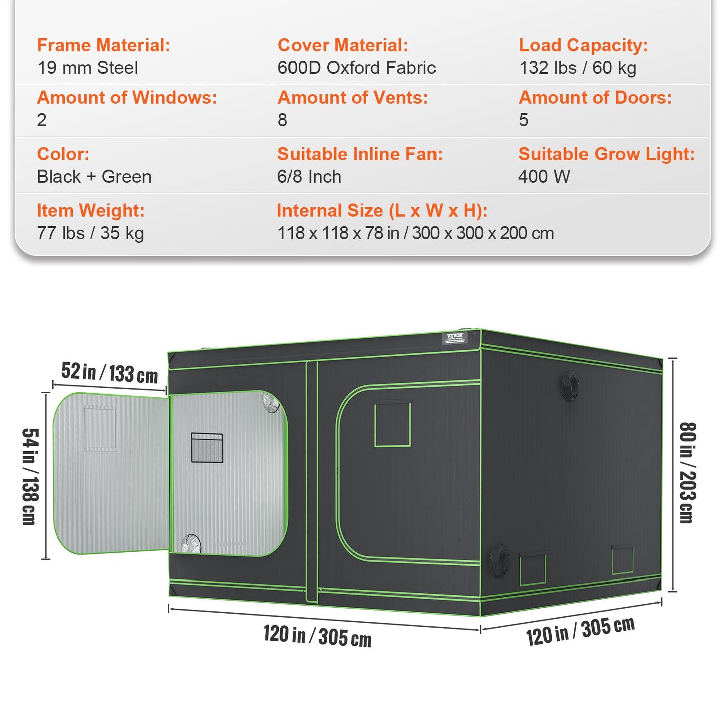 10x10 odlingstält, 120'' x 120'' x 80'', högreflekterande 600D Mylar hydroponiskt odlingstält med observationsfönster, verktygsväska och golvbricka för odling av inomhusväxter