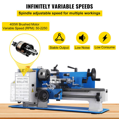 Mini Metal Lathe 7x12 Inch Precision Variable Speed 2250RPM 400W Telescopic Scale Sets Metal Wood Working Lathe Automatic with 3-Jaw Self-Centering Chuck