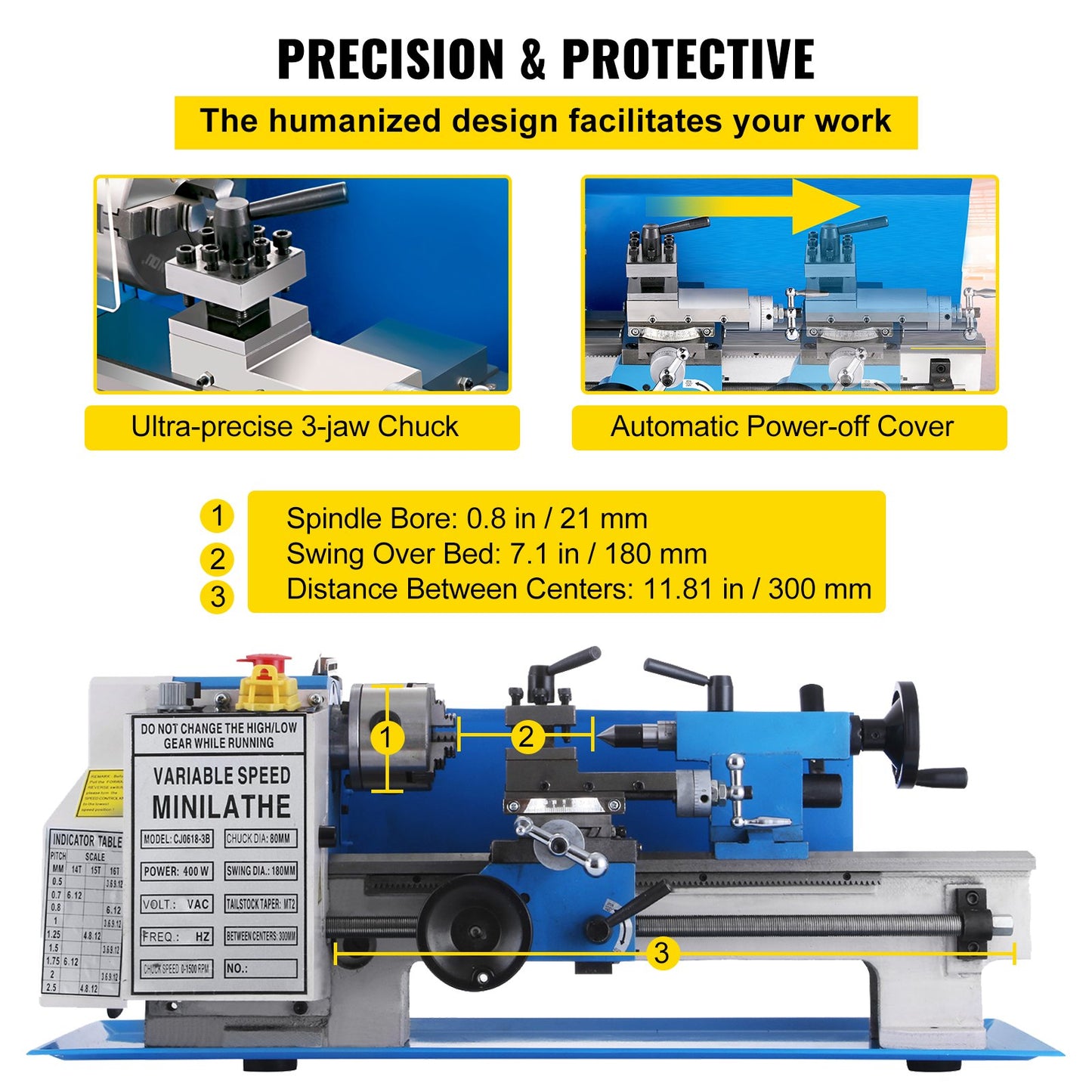 Mini Metal Lathe 7x12 Inch Precision Variable Speed 2250RPM 400W Telescopic Scale Sets Metal Wood Working Lathe Automatic with 3-Jaw Self-Centering Chuck