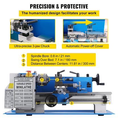 Mini Metal Lathe 7x12 Inch Precision Variable Speed 2250RPM 400W Telescopic Scale Sets Metal Wood Working Lathe Automatic with 3-Jaw Self-Centering Chuck
