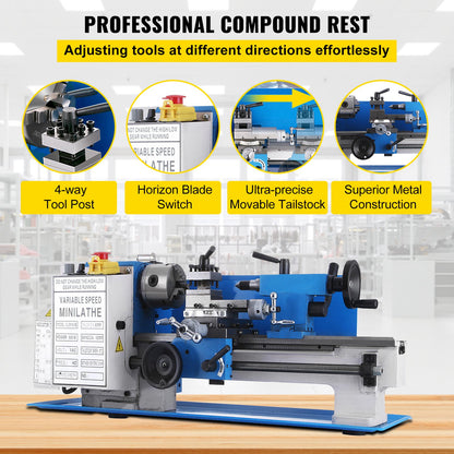 Mini Metal Lathe 7x12 Inch Precision Variable Speed 2250RPM 400W Telescopic Scale Sets Metal Wood Working Lathe Automatic with 3-Jaw Self-Centering Chuck