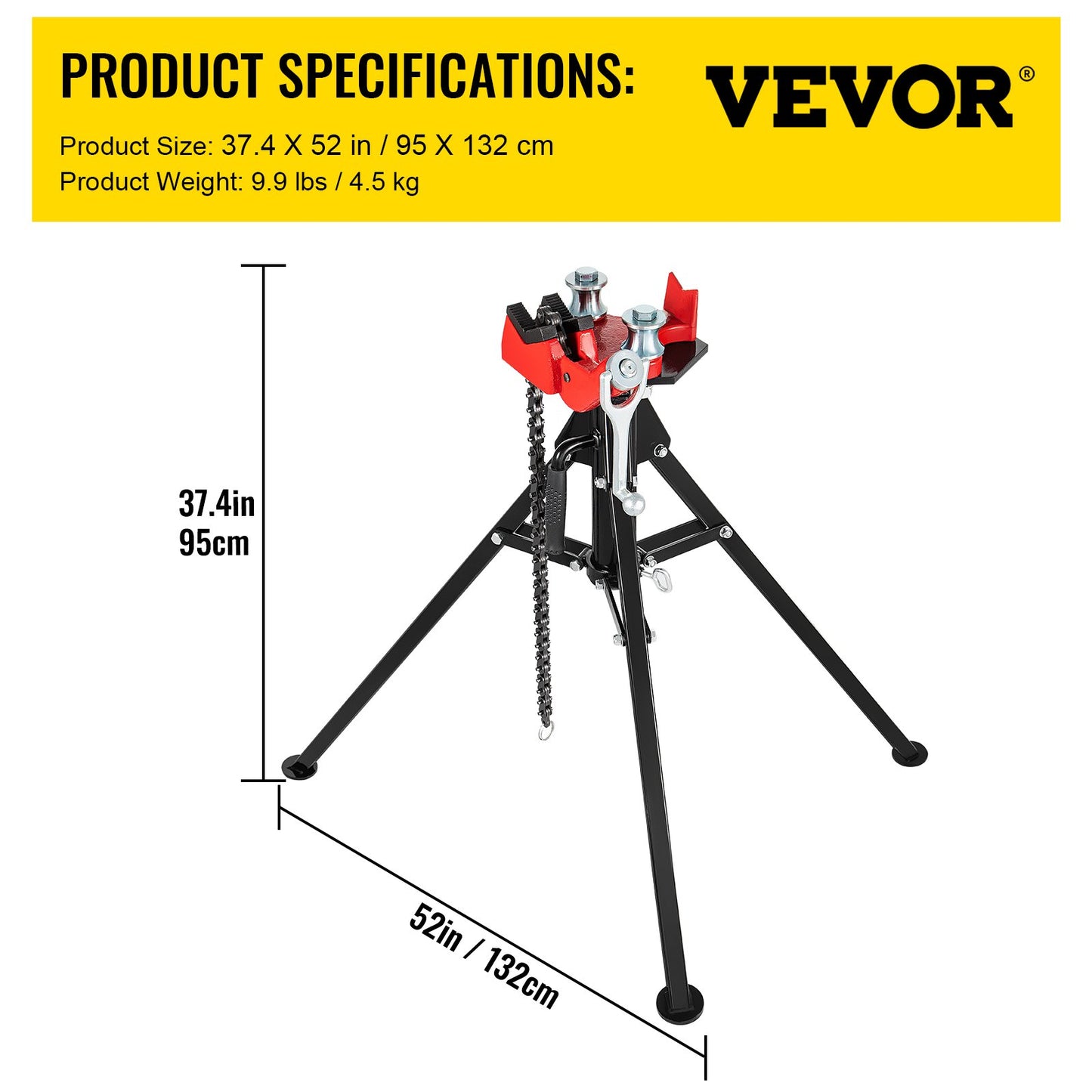 Dreibeiniger Rohrkettenschraubstock | Rohrkapazität 1/8"-5" | 36,4" Länge | Tragbare, klappbare Stahlbeine | Rohr greifen, stützen und biegen | Ideal für Fabrik, Werkstatt und Heimgebrauch