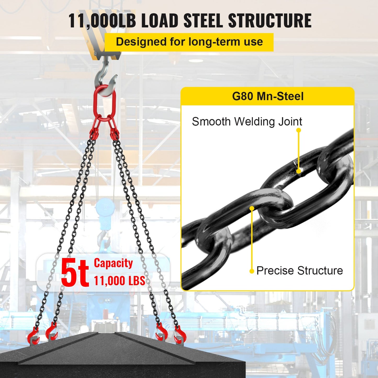 8MM Lifting Chain Sling with Hooks, 4 Legs Chain Sling Chain Sling, 1.5M Lifting Chains Chain Hanging with Shorter Crane 11023LBS/5T