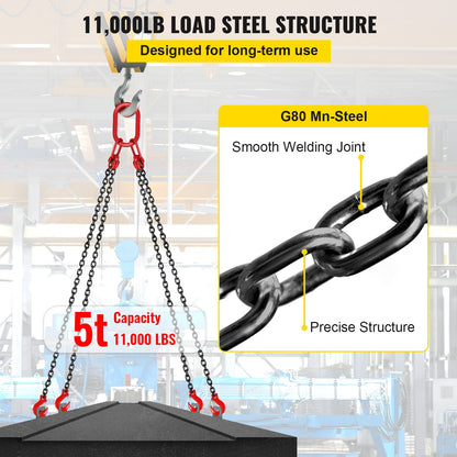 8MM Lifting Chain Sling with Hooks, 4 Legs Chain Sling Chain Sling, 1.5M Lifting Chains Chain Hanging with Shorter Crane 11023LBS/5T