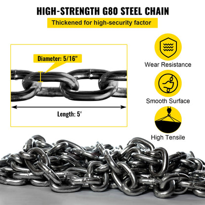 8MM Lifting Chain Sling with Hooks, 4 Legs Chain Sling Chain Sling, 1.5M Lifting Chains Chain Hanging with Shorter Crane 11023LBS/5T