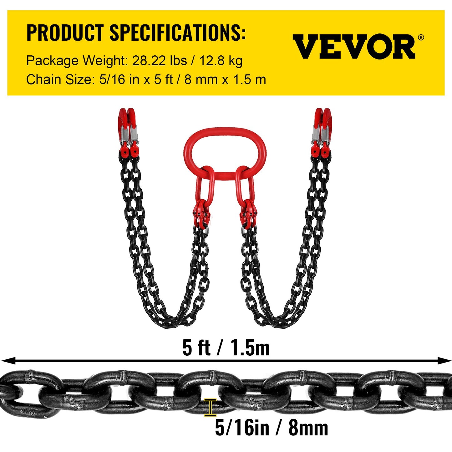 8MM Lifting Chain Sling with Hooks, 4 Legs Chain Sling Chain Sling, 1.5M Lifting Chains Chain Hanging with Shorter Crane 11023LBS/5T