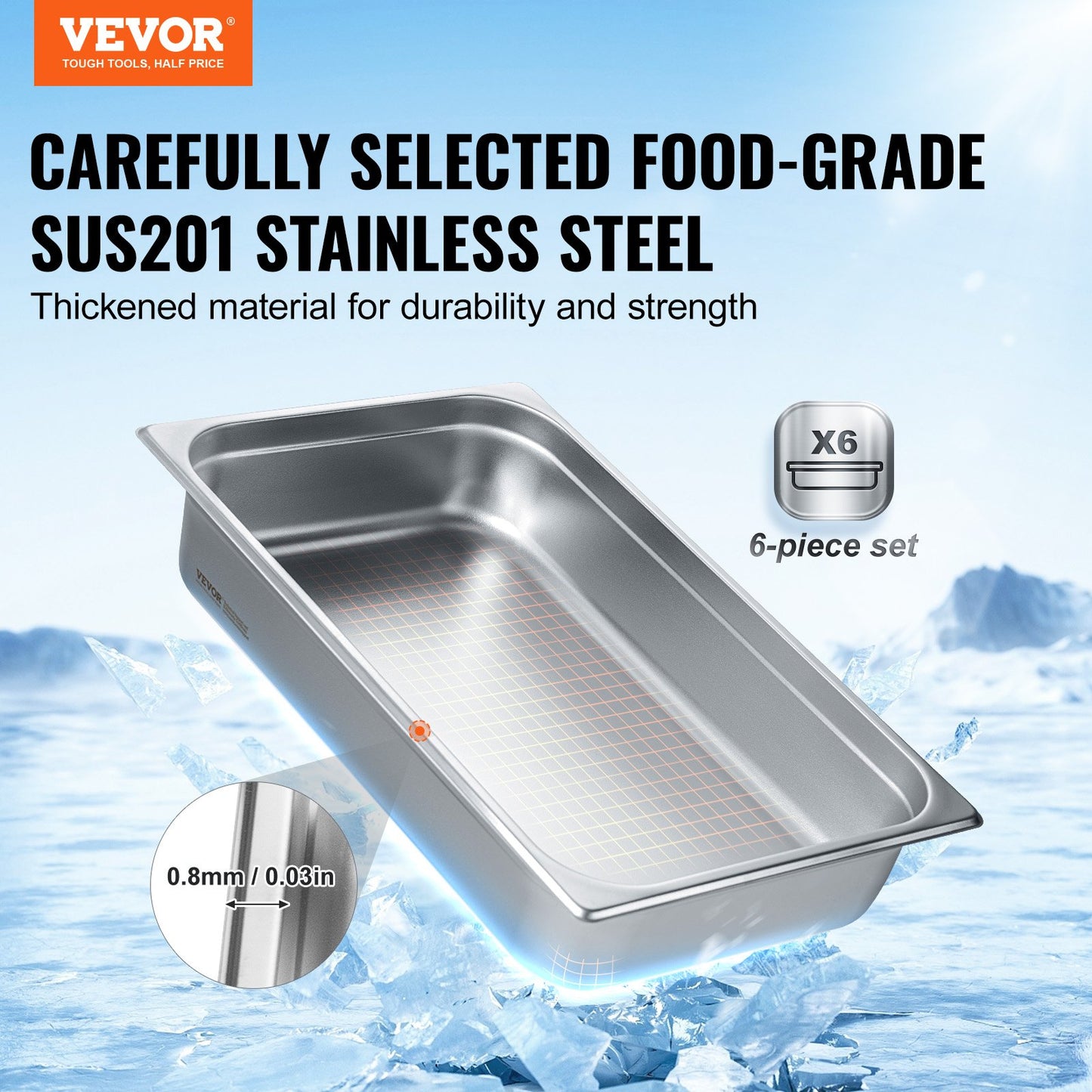 6 Pack Full Size Hotel Pans Steam Bord Pan Rostfritt stål 4" Djup