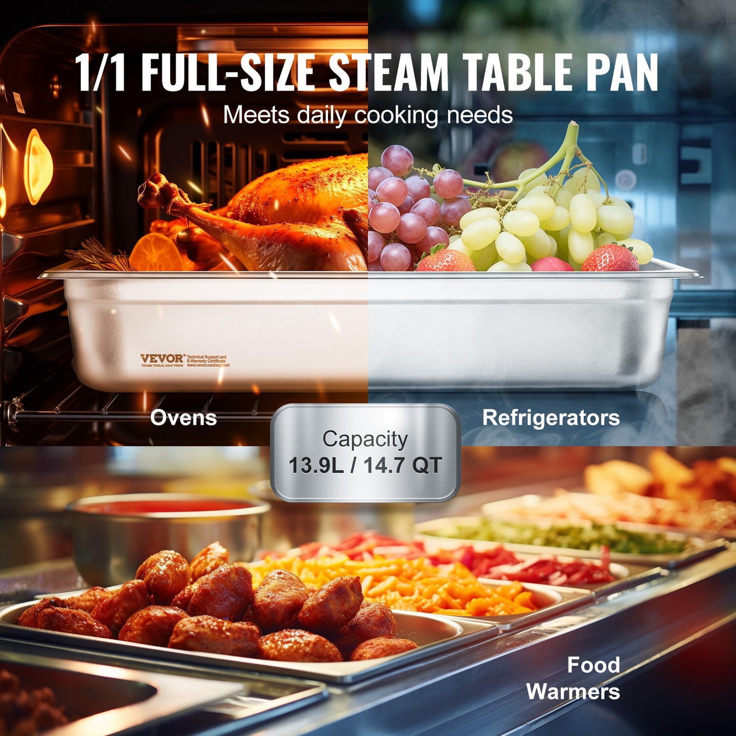 6 Pack Full Size Hotel Pans Steam Bord Pan Rostfritt stål 4" Djup