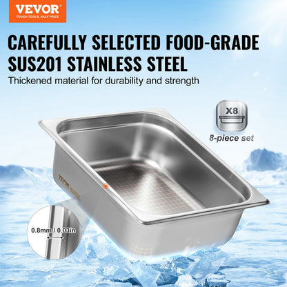 8-pack 1/2 storlek Hotellpannor Ångbordspanna rostfritt stål 4" djupt lock