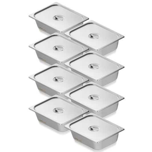 8-pack 1/2 storlek Hotellpannor Ångbordspanna rostfritt stål 4" djupt lock