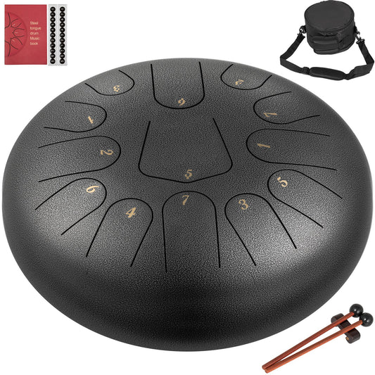 Steel Drum 13 Tones Percussion Instrument 12 Inch Snare Drum, Steel Snare Drum, Steel Drums Instrument with Bag, Book, Mallets, Mallet Bracket, Hanging Pan Drum Instrument, Gun Color
