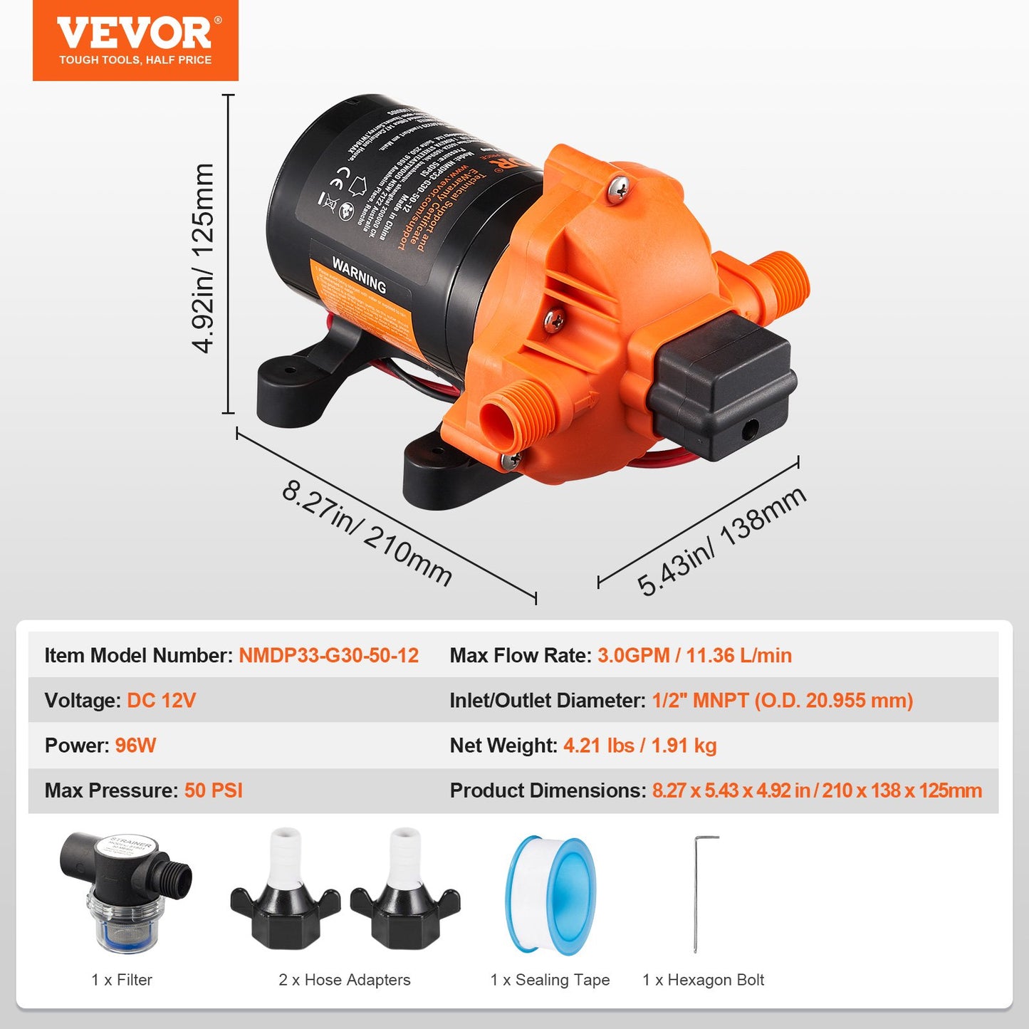 12V membranpump 3GPM 11,36 L/min 3-kammar vattenpump tryckbrytare