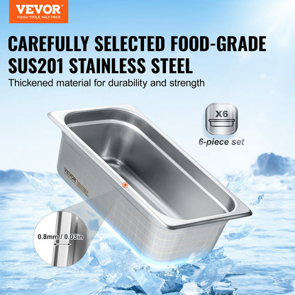 6-pack 1/3 storlek Hotellpannor Ångbordspanna rostfritt stål 4" djup
