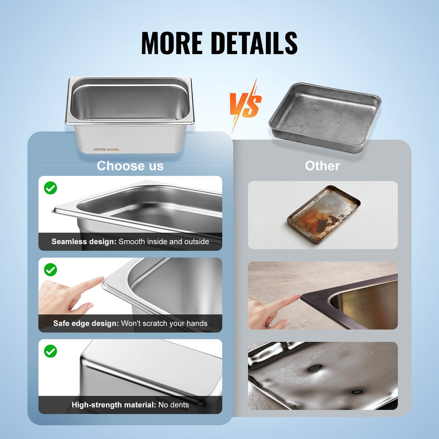 8-pack 1/3 size Hotel Pans Steamer Table Pan Stainless Steel 6" Deep Lid