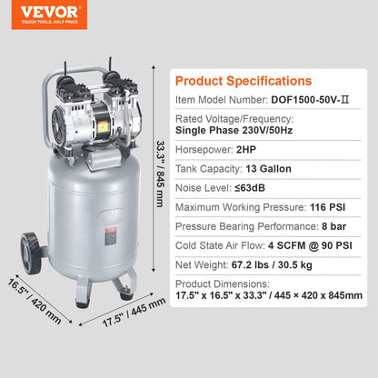 13 Gallonen-Luftkompressor, 2 PS, 4 SCFM bei 90 PSI, ölfreier Luftkompressor, 116 PSI