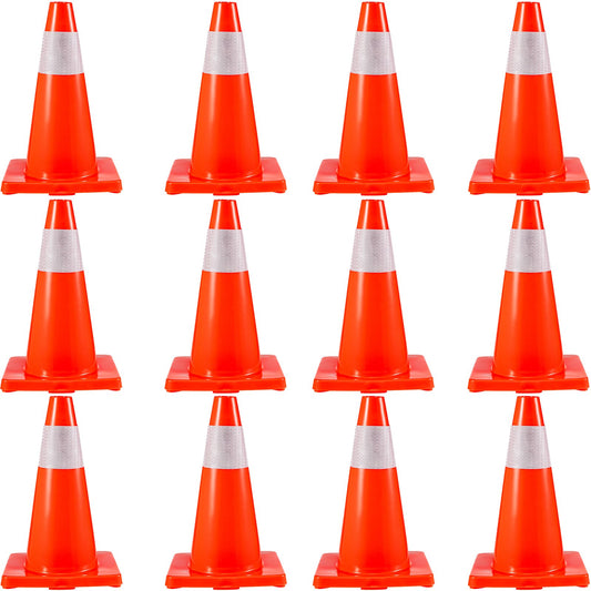12Pack 18\" trafikkoner, säkerhetsväggparkeringskoner PVC-bas, orange trafikkon med reflekterande kragar, riskkonstruktionskoner för hemtrafikparkering
