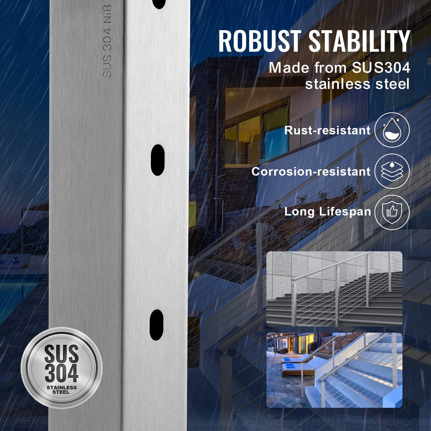 Cable Railing Post 42x2x2in 30° Angled Hole Stair Railing Post Silver 1pc