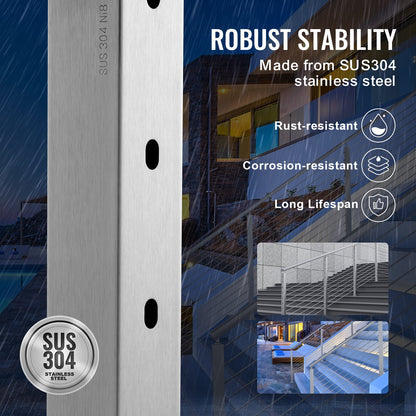 Cable Railing Post 42x2x2in 30° Angled Hole Stair Railing Post Silver 1pc