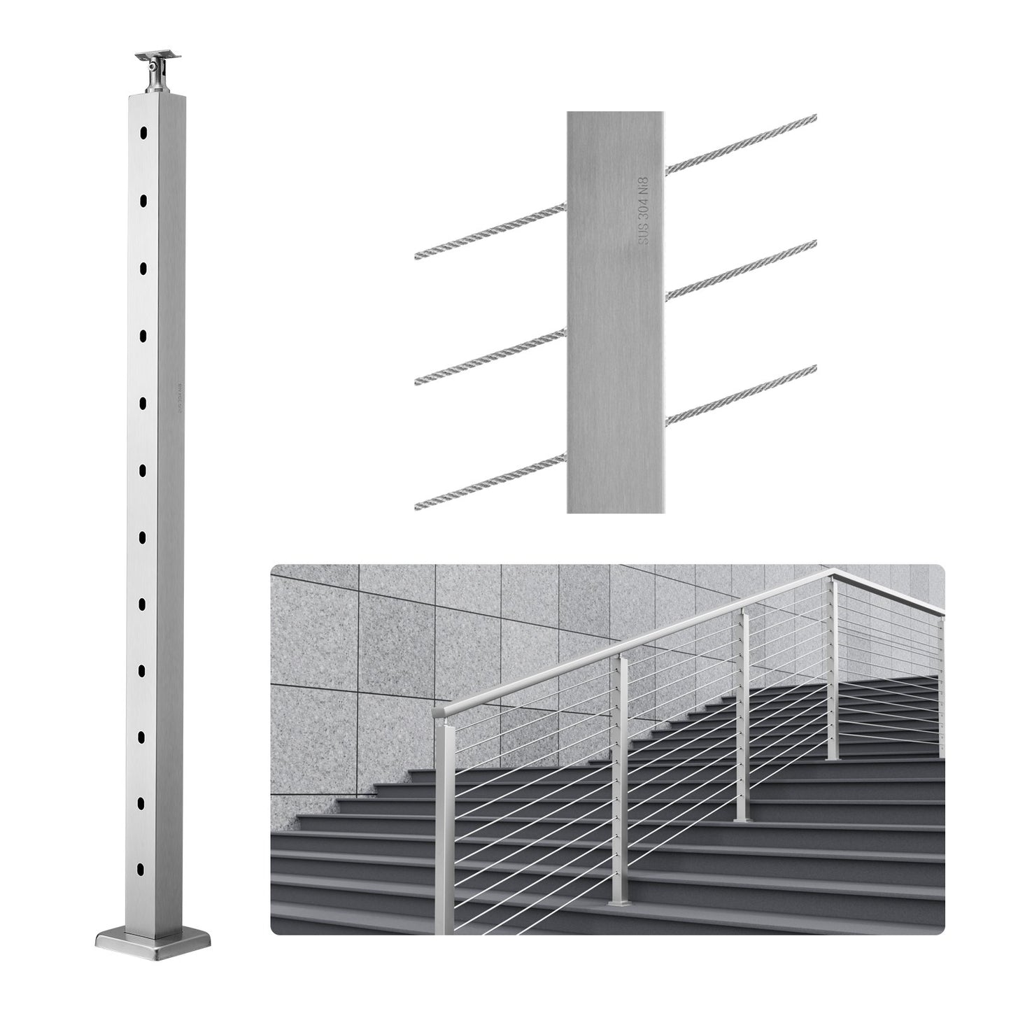 Cable Railing Post 42x2x2in 30° Angled Hole Stair Railing Post Silver 1pc