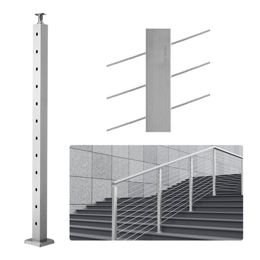 Cable Railing Post 42x2x2in 30° Angled Hole Stair Railing Post Silver 1pc