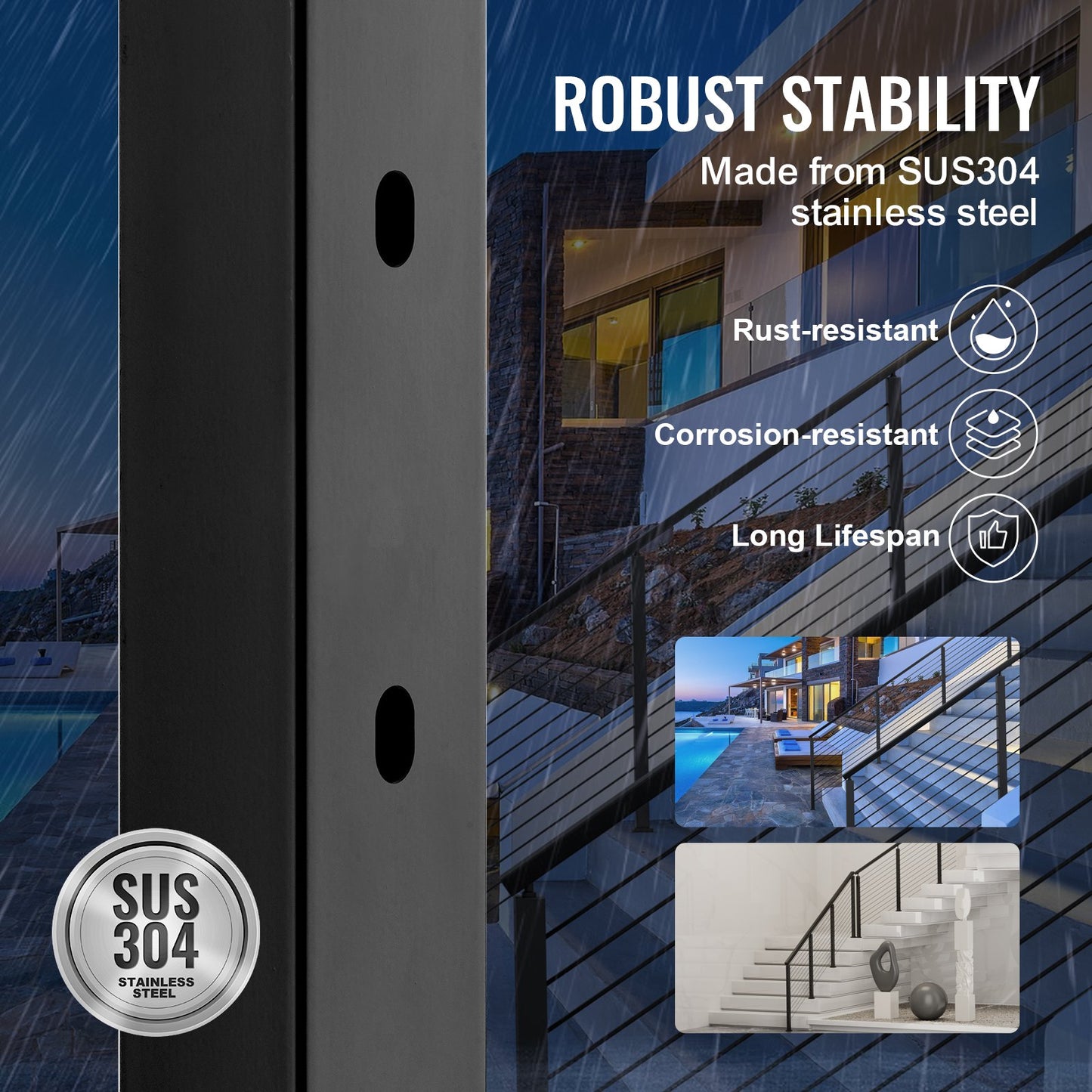 Cable Railing Post 42x2x2in 30° Angled Hole Stair Railing Post Black 1pc