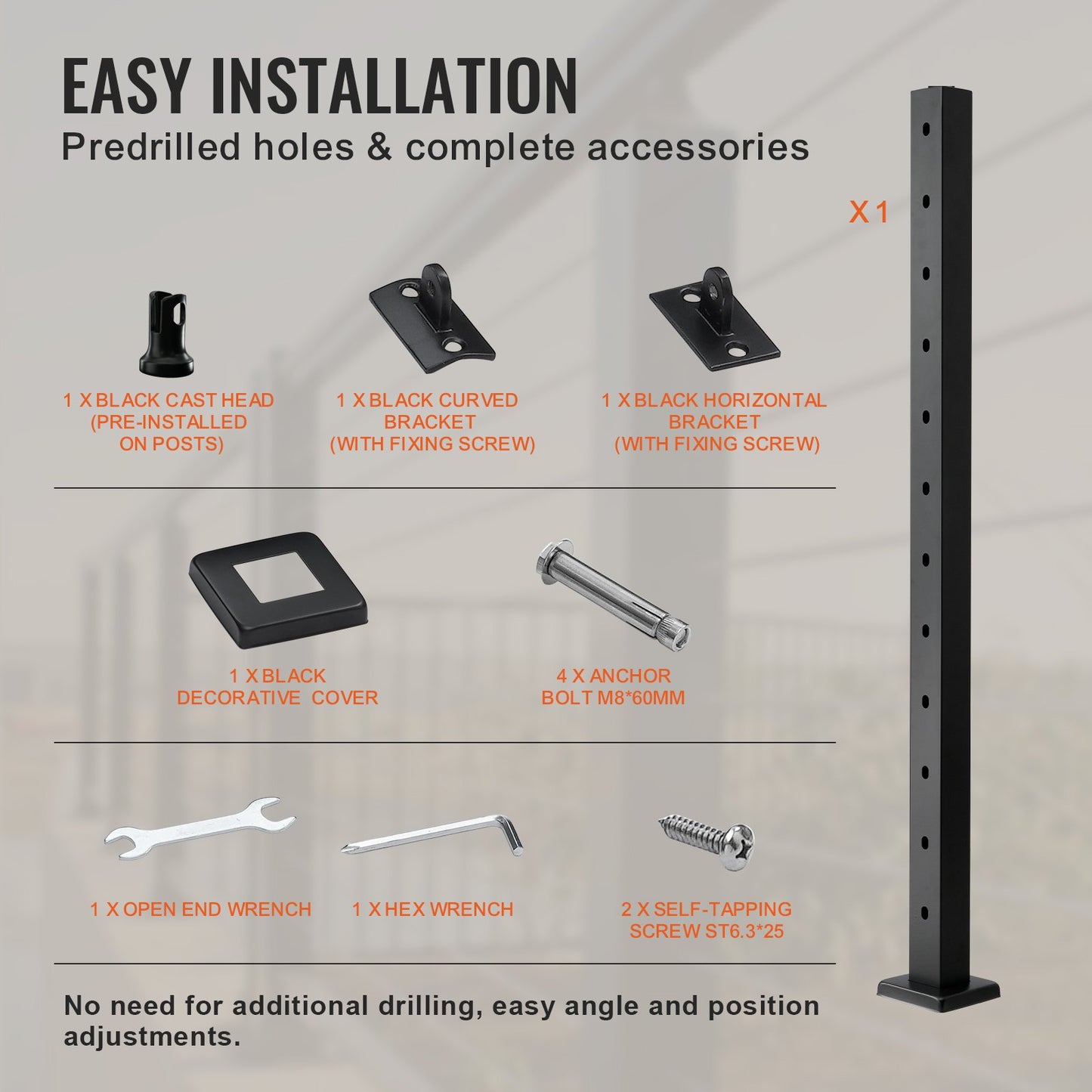 Cable Railing Post 42x2x2in 30° Angled Hole Stair Railing Post Black 1pc