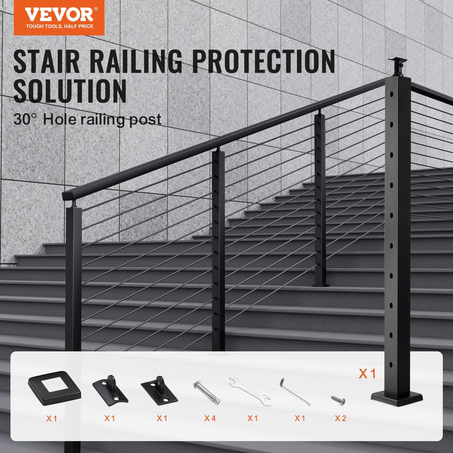Cable Railing Post 36x2x2in 30° Angled Hole Stair Railing Post Black 1pc