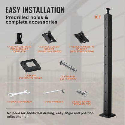 Cable Railing Post 36x2x2in L-Shaped Hole Corner Railing Post Black 1pc
