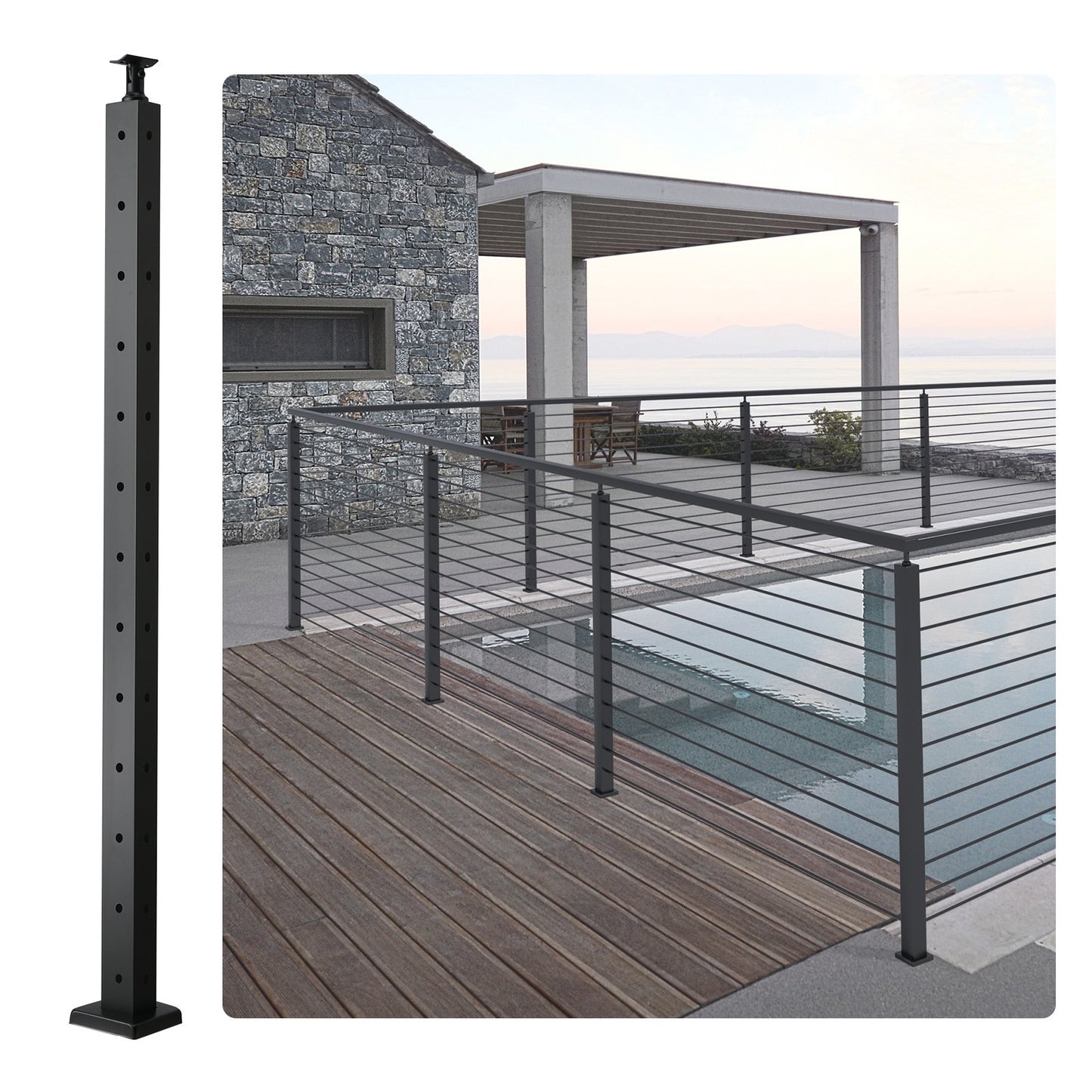 Cable Railing Post 42x1x2in L-Shaped Hole Corner Railing Post Black 1pc