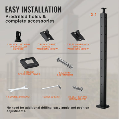 Cable Railing Post 36x1x2in L-Shaped Hole Corner Railing Post Black 1pc