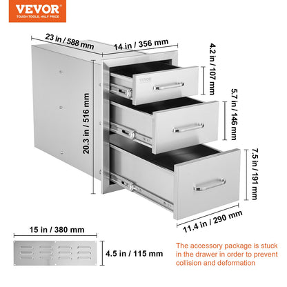 Cranks stainless steel 3 drawers with handles 35*58cm grill storage cabinet