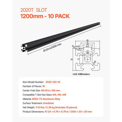 10 ST 47,2 tum (1200 mm) T-spår 2020 aluminiumextruderad anodiserad linjärskena |  EU