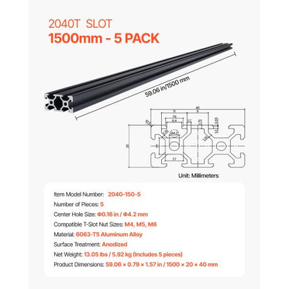 5 ST 59 tum (1500 mm) T-spår 2040 aluminiumextruderad anodiserad linjärskena |  EU