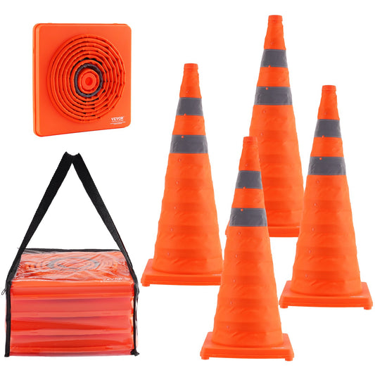 Säkerhetskoner, 4-pack 28 tums hopfällbara trafikkoner, konstruktionskoner med reflekterande kragar, bred bas och en förvaringsväska, för trafikkontroll, körträning, parkeringsplatser