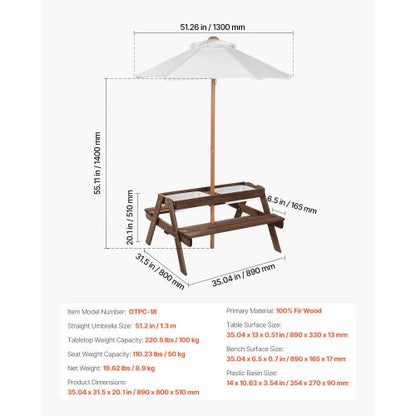 Picnic Table Wooden Table and Bench Set Parasol Garden Indoor Outdoor