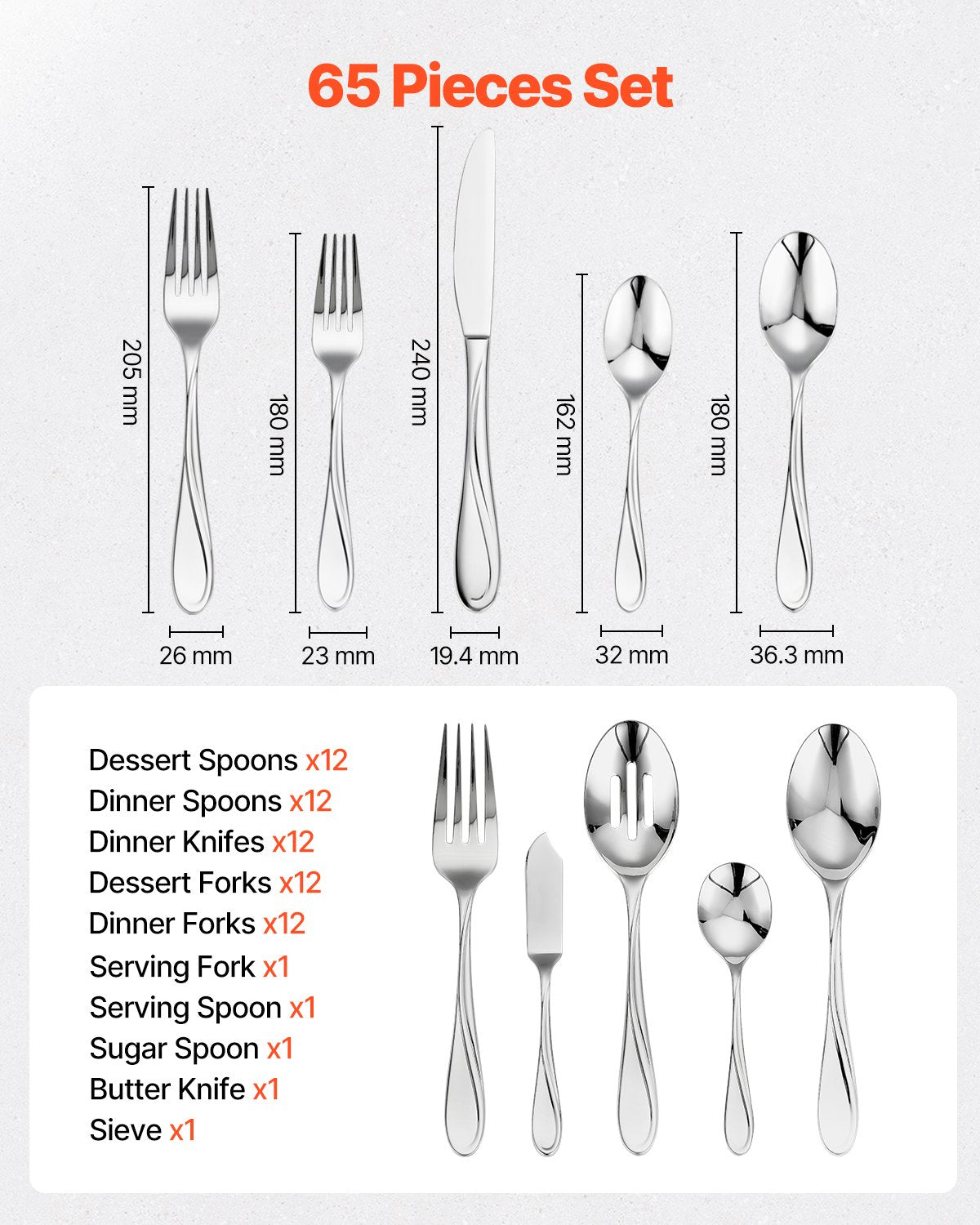 65-piece silver cutlery set stainless steel cutlery cutlery for 12