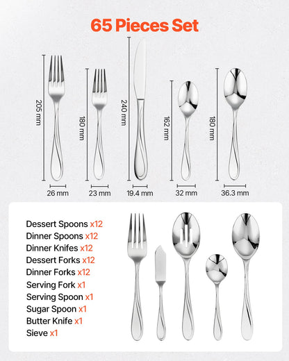 65-piece silver cutlery set stainless steel cutlery cutlery for 12