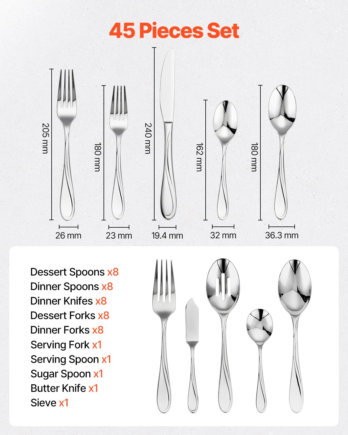45-piece silver cutlery set stainless steel cutlery cutlery for 8