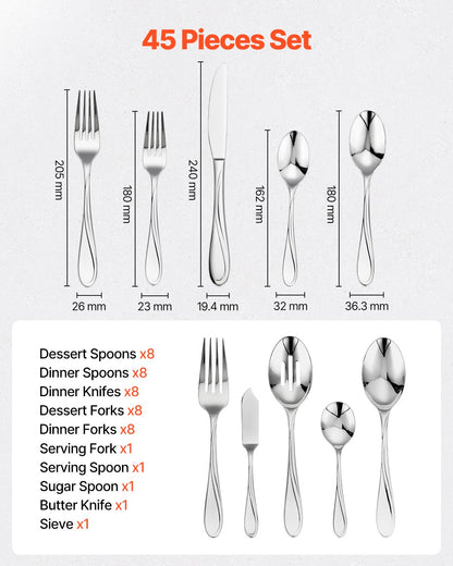 45-piece silver cutlery set stainless steel cutlery cutlery for 8