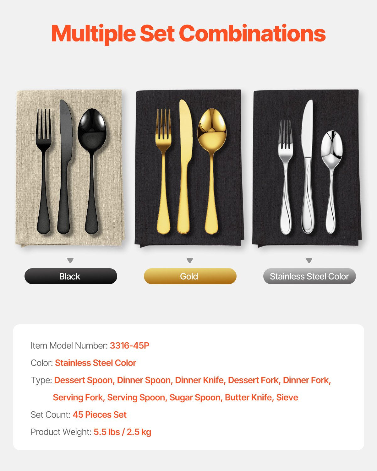 45-piece silver cutlery set stainless steel cutlery cutlery for 8