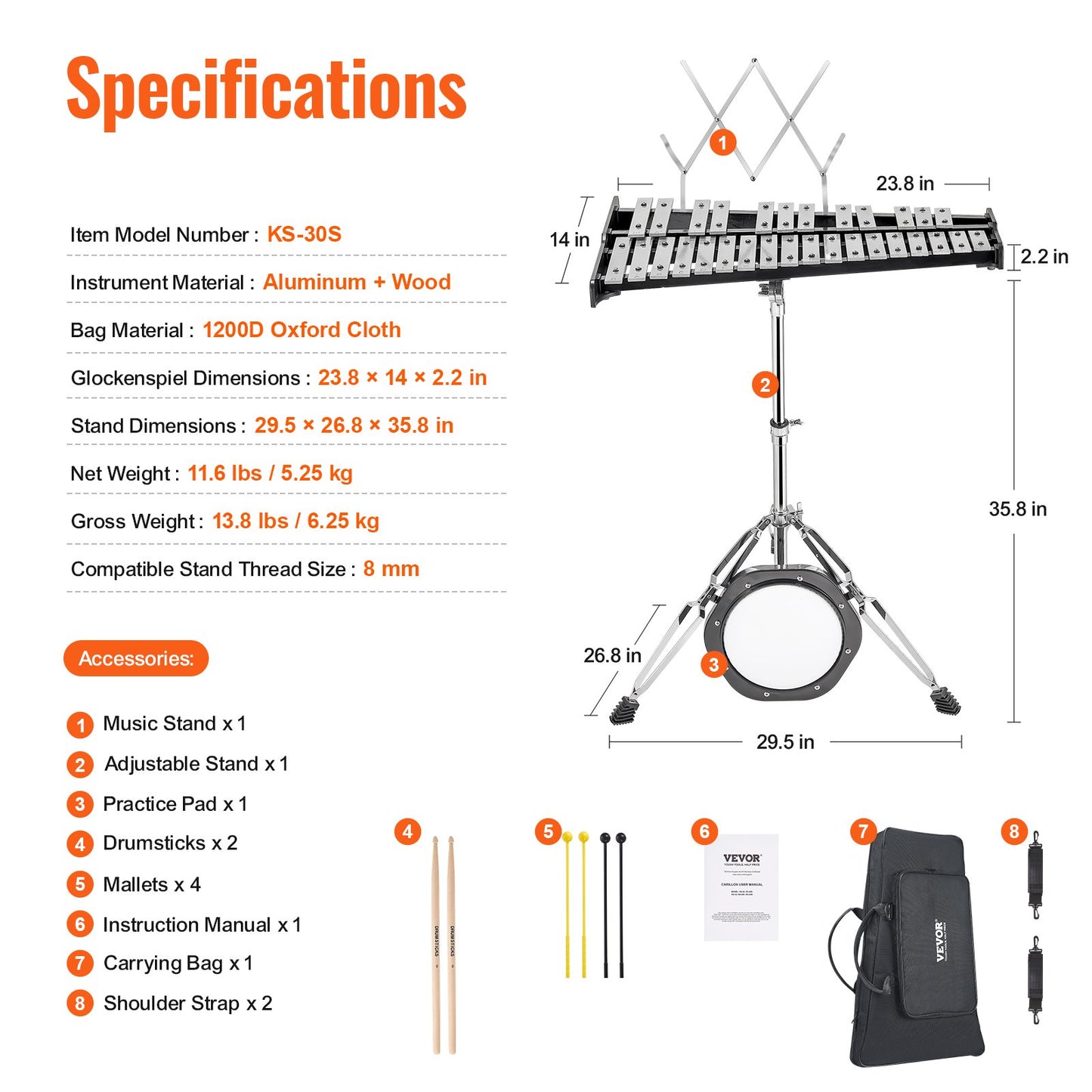 Glockenspiel-Xylophon mit 30 Tönen, Glockenset mit Schlägeln, Ständer und Übungspad