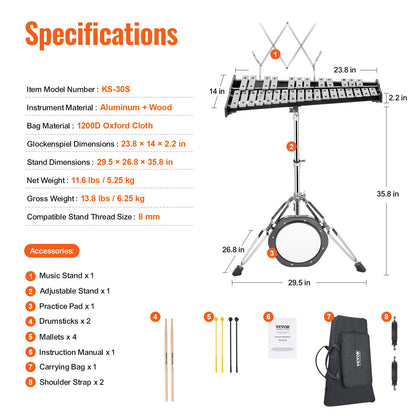 Glockenspiel-Xylophon mit 30 Tönen, Glockenset mit Schlägeln, Ständer und Übungspad