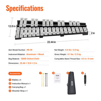 30 Note Klockspel Xylophone Bell Kit med klubbor, trumpinnar och väska