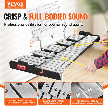 32 Note Klockspel Xylophone Bell Kit med klubbor, stativ & övningsdyna