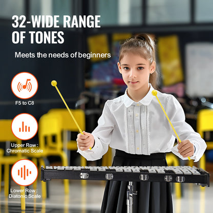 32 Note Klockspel Xylophone Bell Kit med klubbor, stativ & övningsdyna
