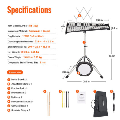 32 Note Klockspel Xylophone Bell Kit med klubbor, stativ & övningsdyna