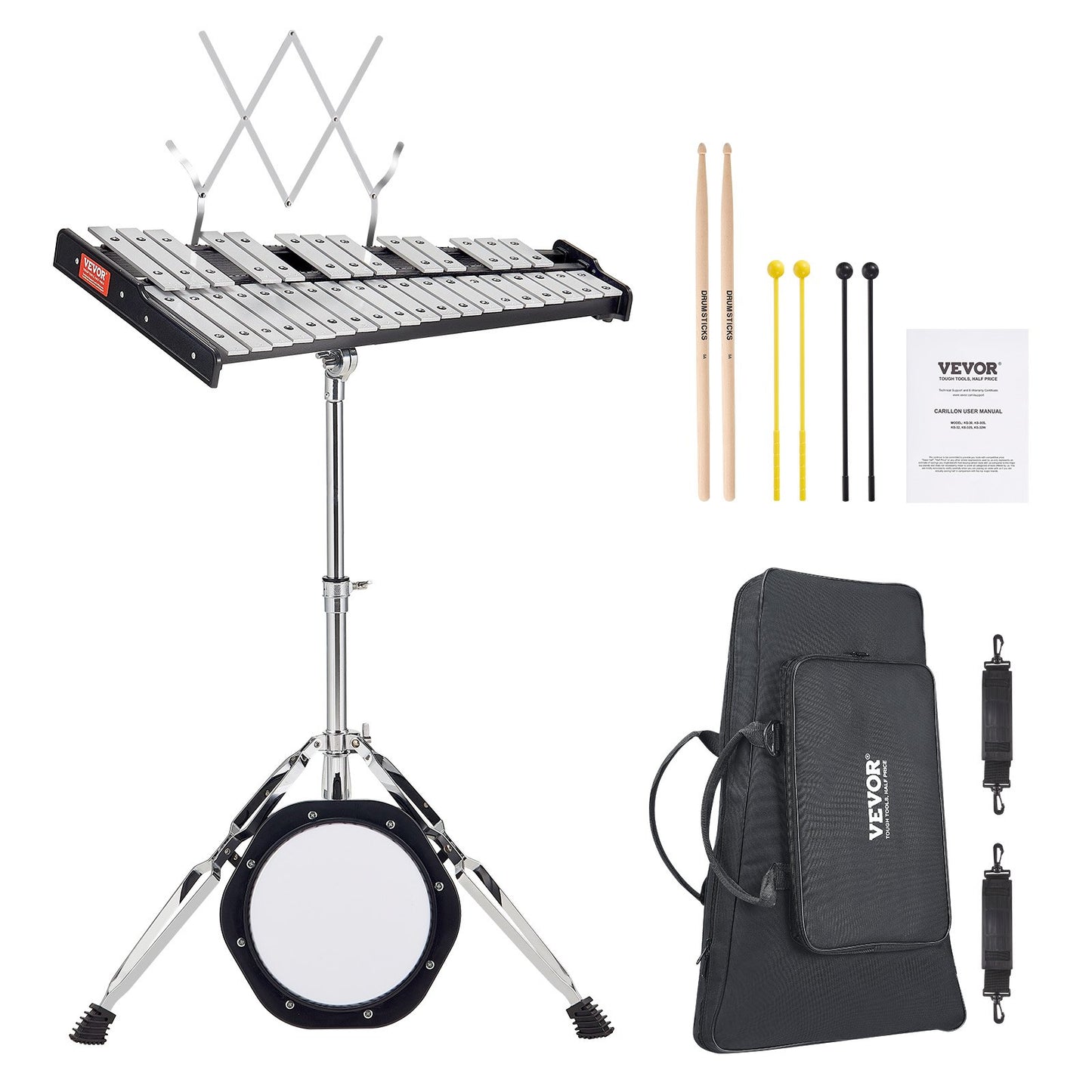 32 Note Klockspel Xylophone Bell Kit med klubbor, stativ & övningsdyna