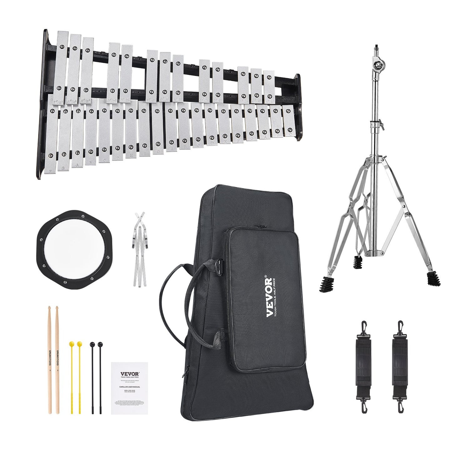32 Note Klockspel Xylophone Bell Kit med klubbor, stativ & övningsdyna